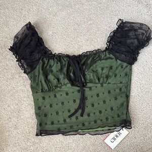 Cider Green and Black Floral Lace Crop Top